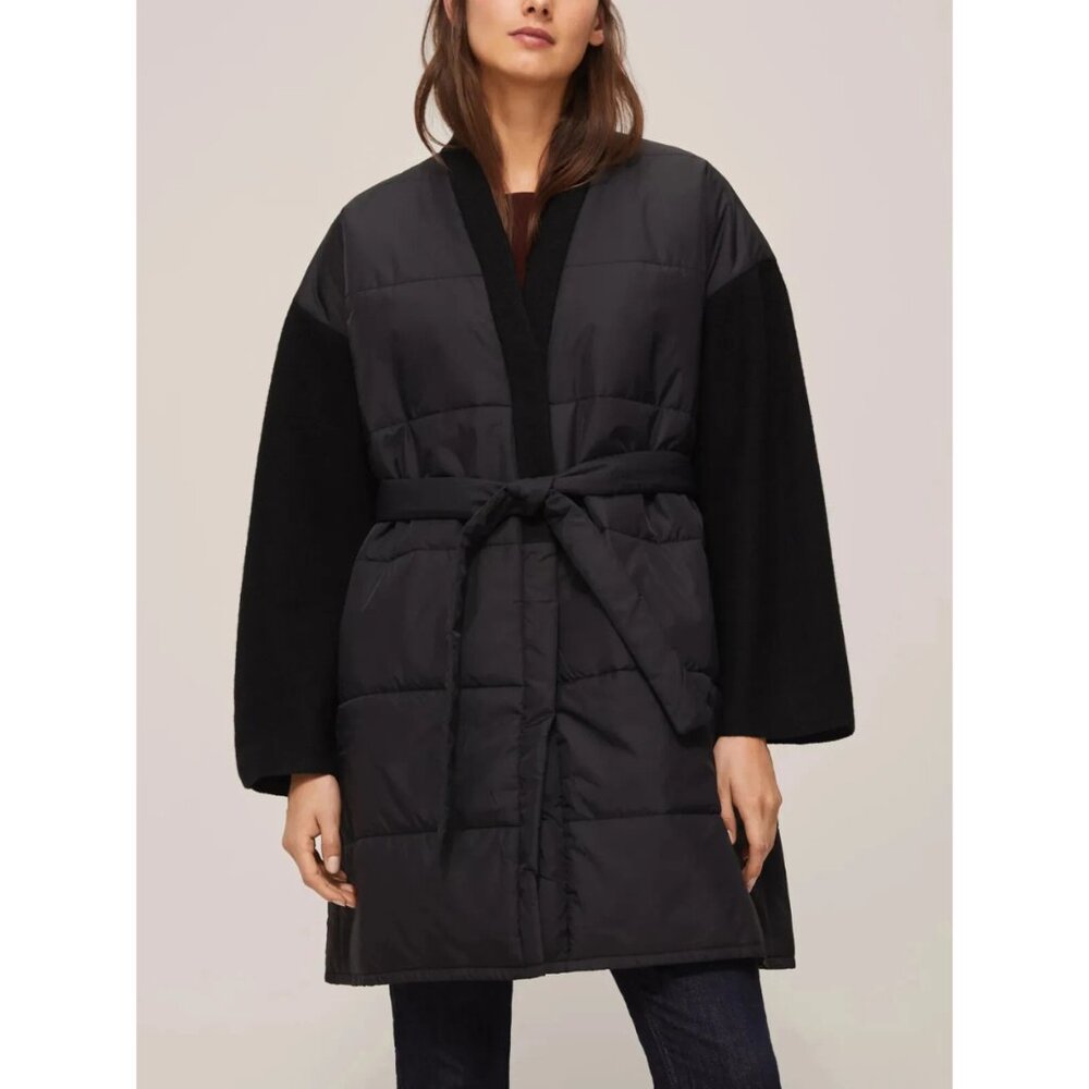 Eileen Fisher Womens Small Quilted Belt Wool Sleeve Black Long Jacket